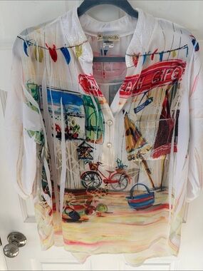Impulse California beach café watercolor scenic print tunic top Resort Large